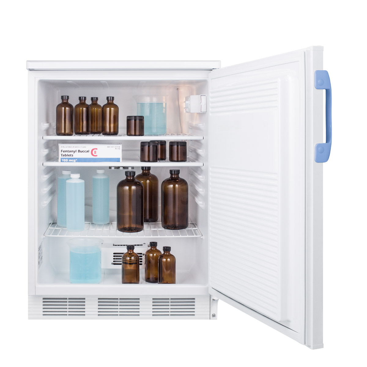 Built-in undercounter auto defrost medical/scientific all-refrigerator with front control panel equipped with a digital thermostat and NIST calibrated thermometer/alarm; includes front lock, hospital grade cord, and internal fan